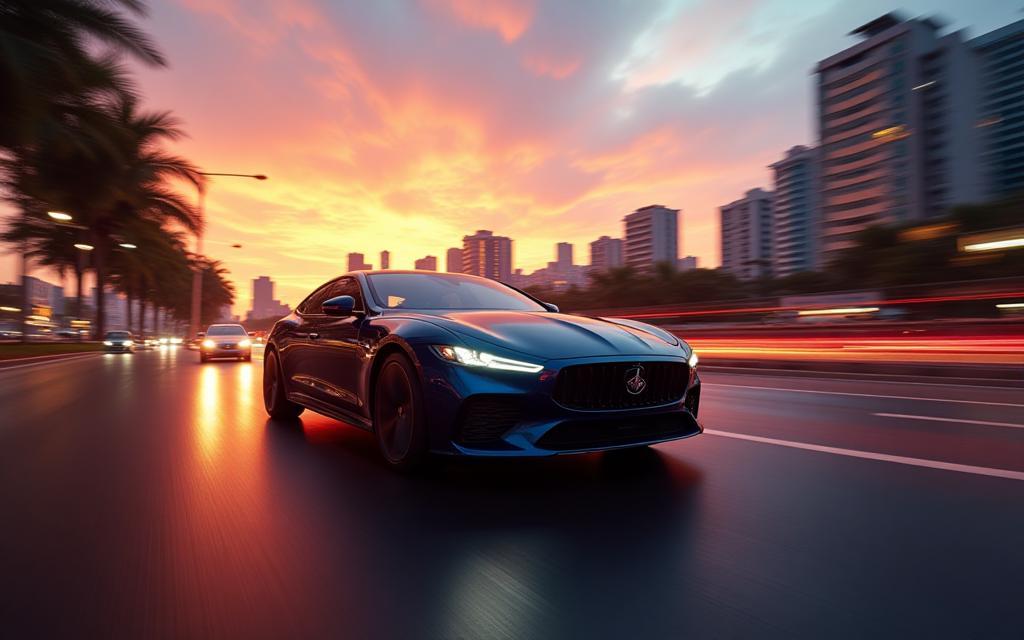Modern car driving through a city street at sunset